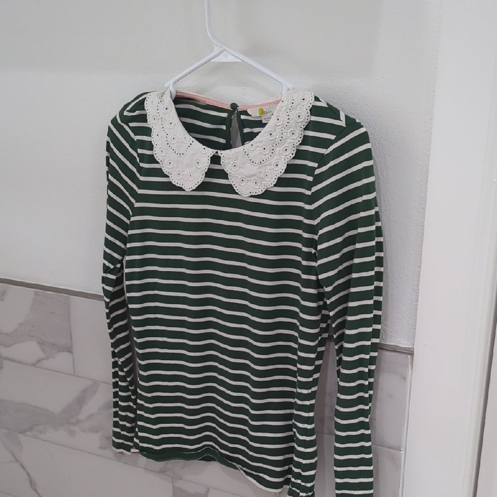 Boden Green and White Striped Long Sleeve Top with Lace Collar